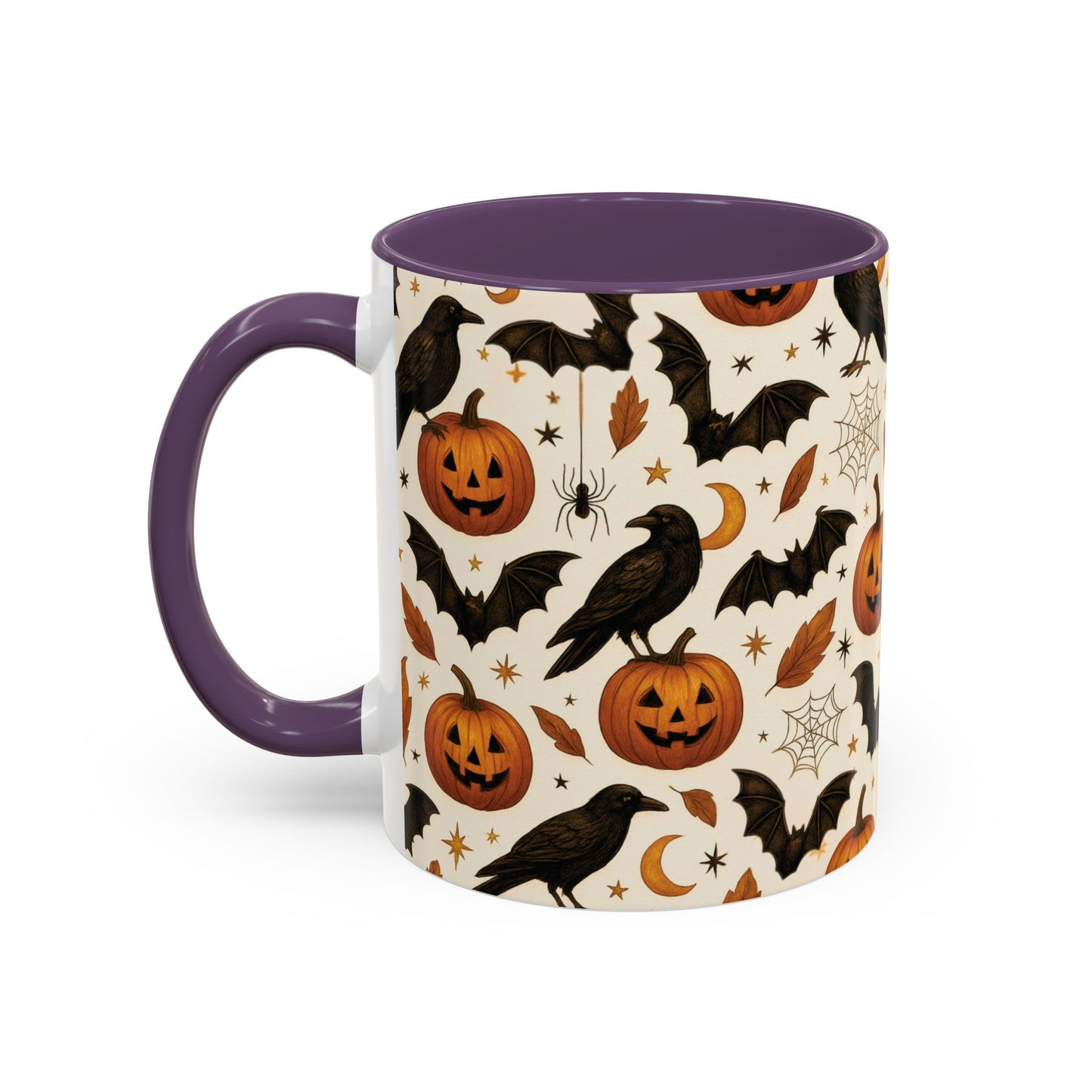 Halloween Raven & Pumpkin Color Accent Mug – Gothic Crow, Bats & Jack-o’-Lantern Coffee Cup (11oz & 15oz) – Spooky Autumn Drinkware