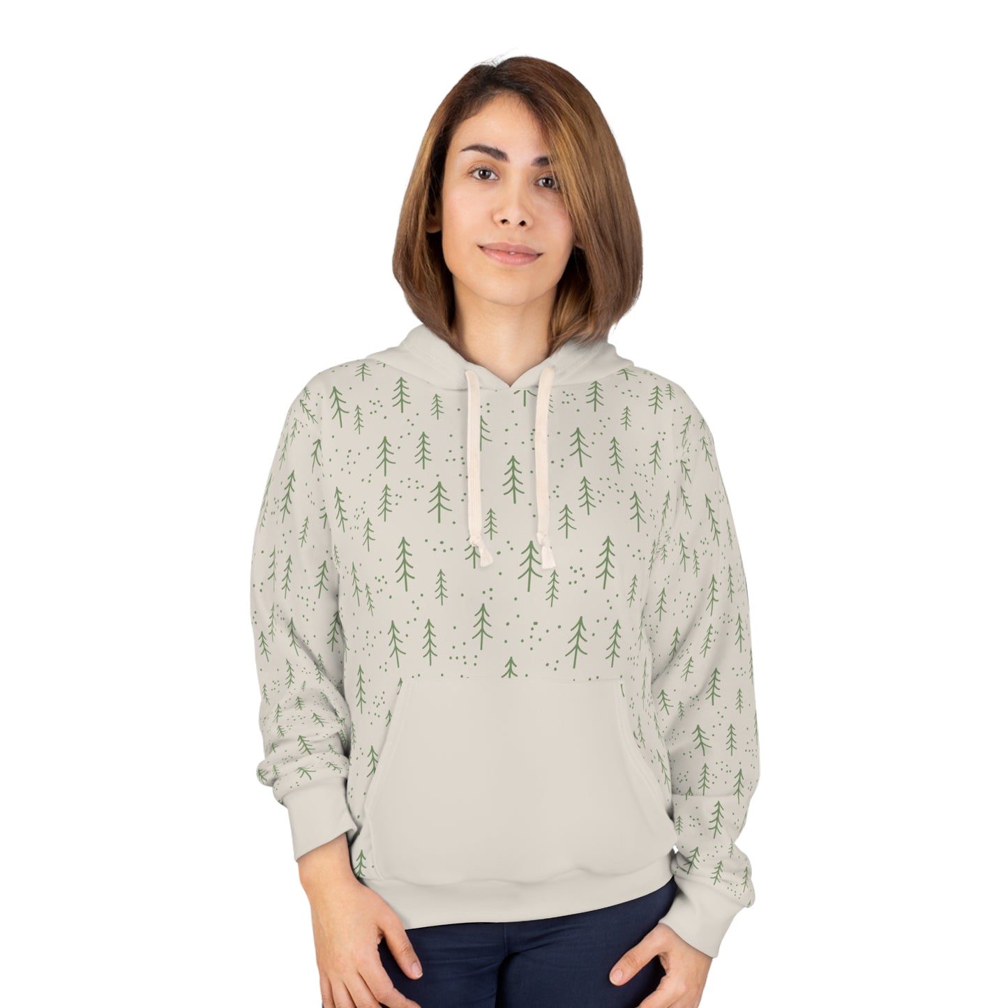 Minimalist Pine Forest AOP Hoodie – Scandinavian Winter Unisex Pullover