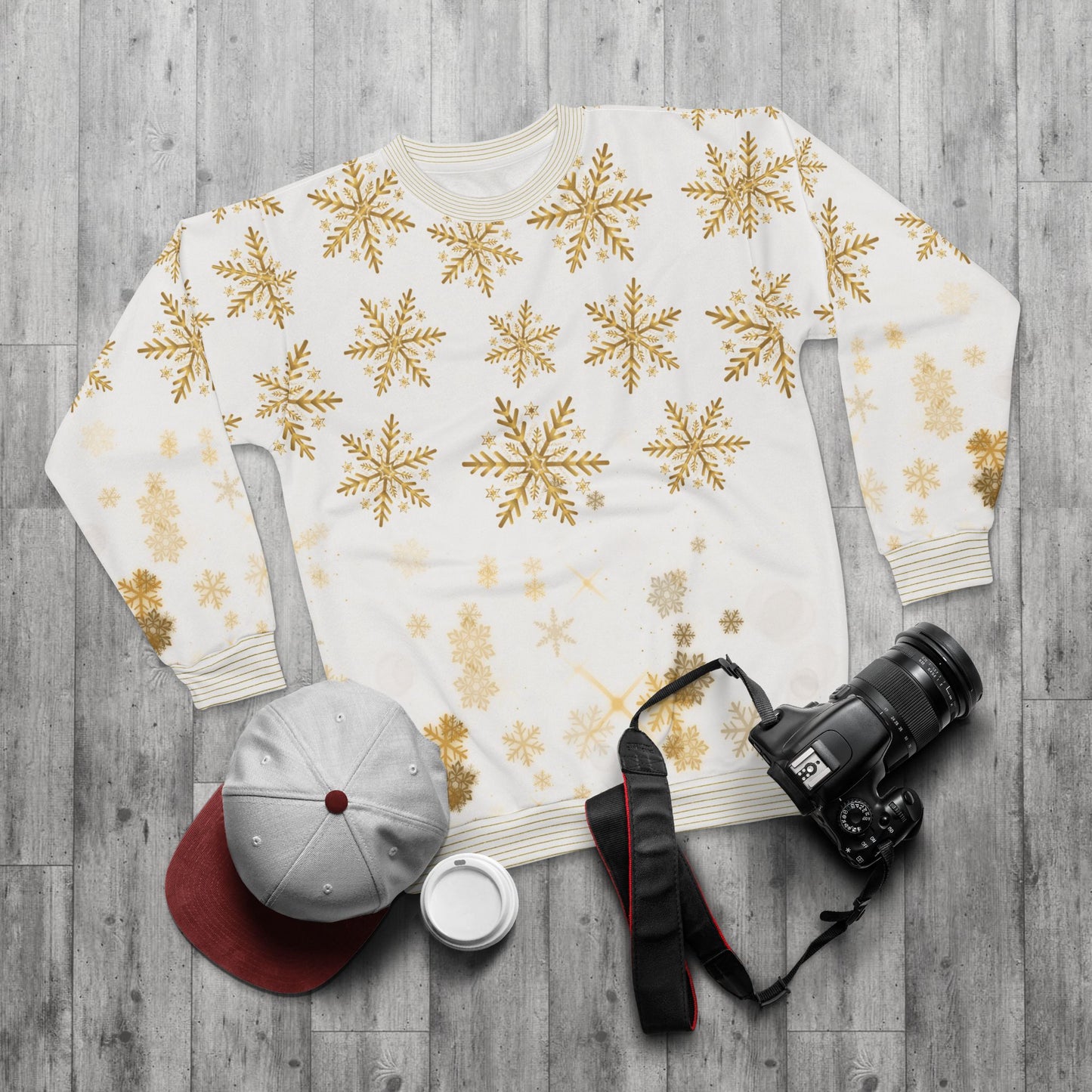 Golden Snowflakes AOP – Premium Holiday Crewneck Sweatshirt | Invaluable Minutia