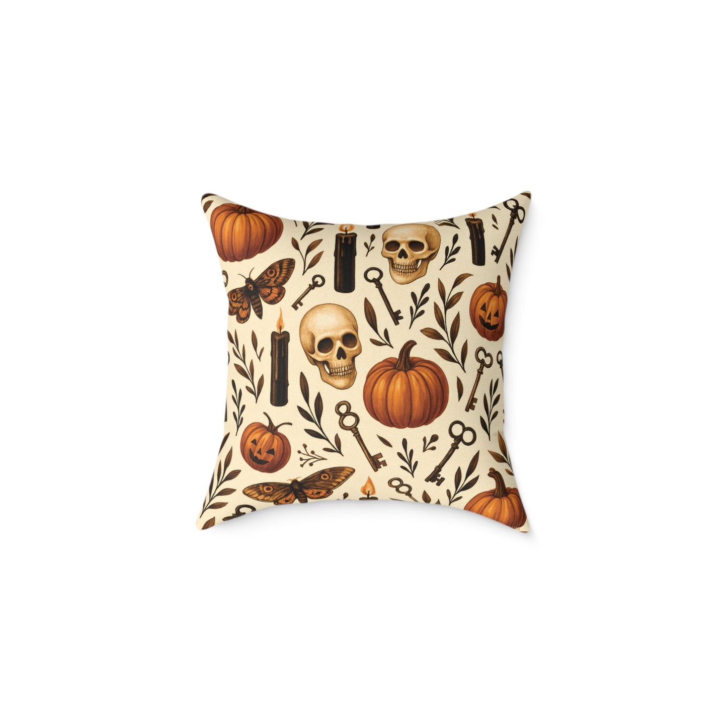 Gothic Halloween Throw Pillow – Colorway Poly Canvas – Reversible Plaid – Skulls, Moths & Black Candles – Premium Fall Decor