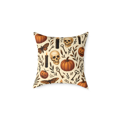 Gothic Halloween Throw Pillow – Colorway Poly Canvas – Reversible Plaid – Skulls, Moths & Black Candles – Premium Fall Decor