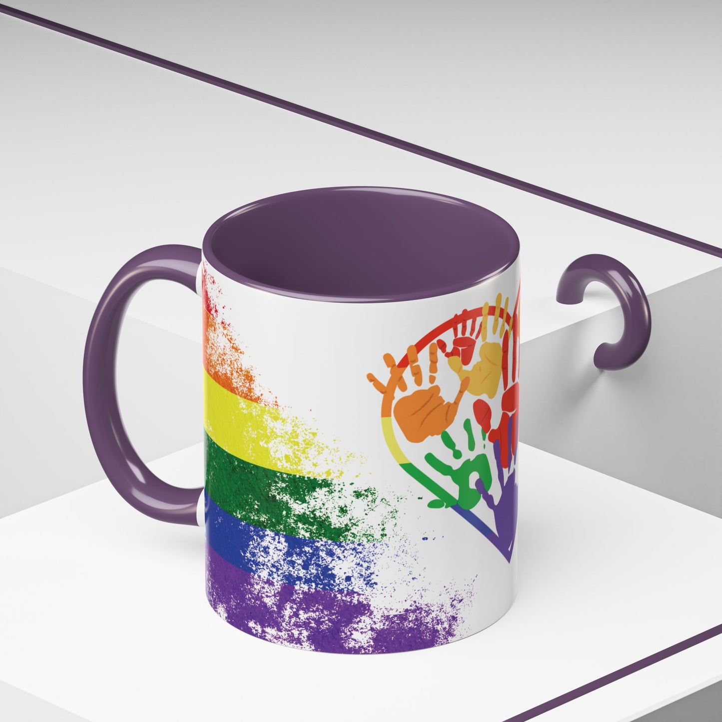 Handprint Heart Pride Mug | Rainbow Splash Ceramic Cup | 11oz & 15oz
