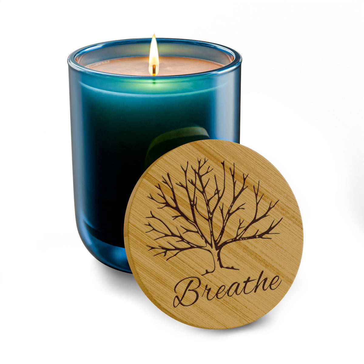 Breathe - Engraved Bamboo Lid Scented Soy Candle Frosted Glass Jar (14 oz)