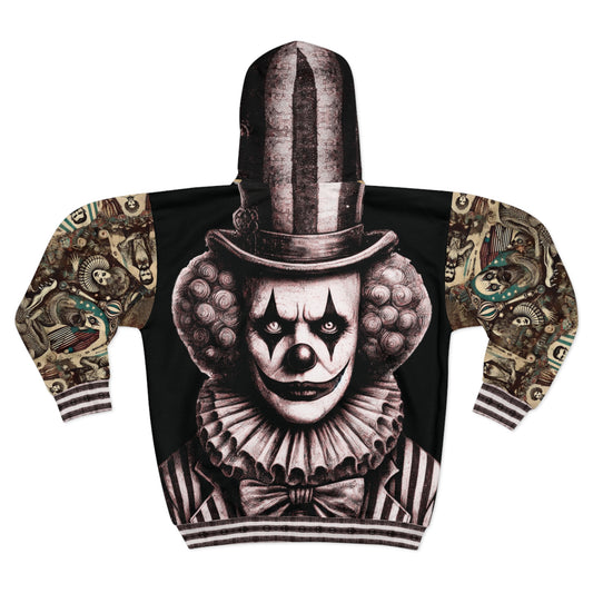Unisex All-Over Print Zip-Up Hoodie - Gothic Vintage Aesthetic Circus + CreepyClown Design