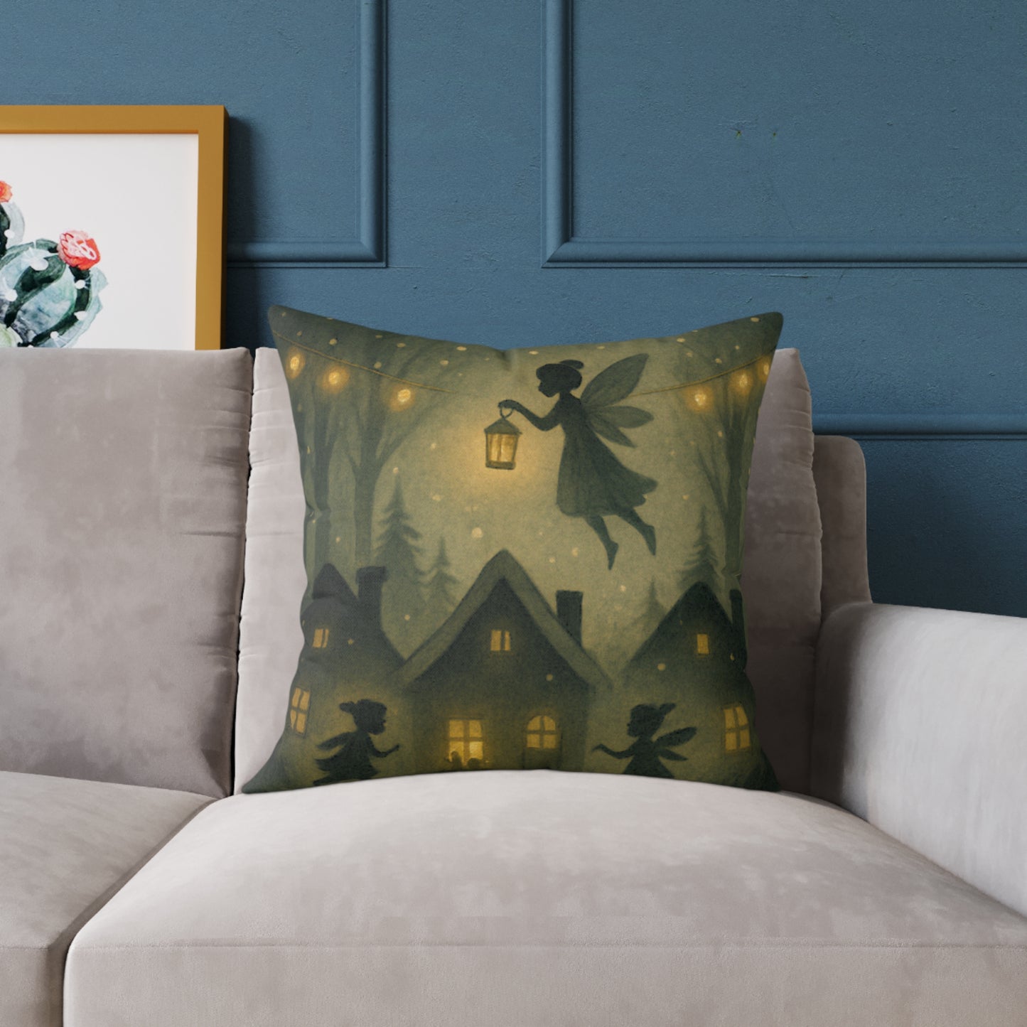 Winter Night Fairies Throw Pillow – Lantern Village Scene Dual-Sided Canvas Cushion