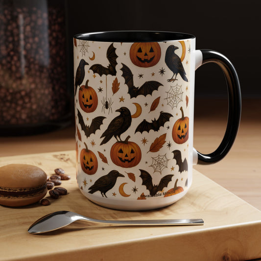 Halloween Raven & Pumpkin Color Accent Mug – Gothic Crow, Bats & Jack-o’-Lantern Coffee Cup (11oz & 15oz) – Spooky Autumn Drinkware
