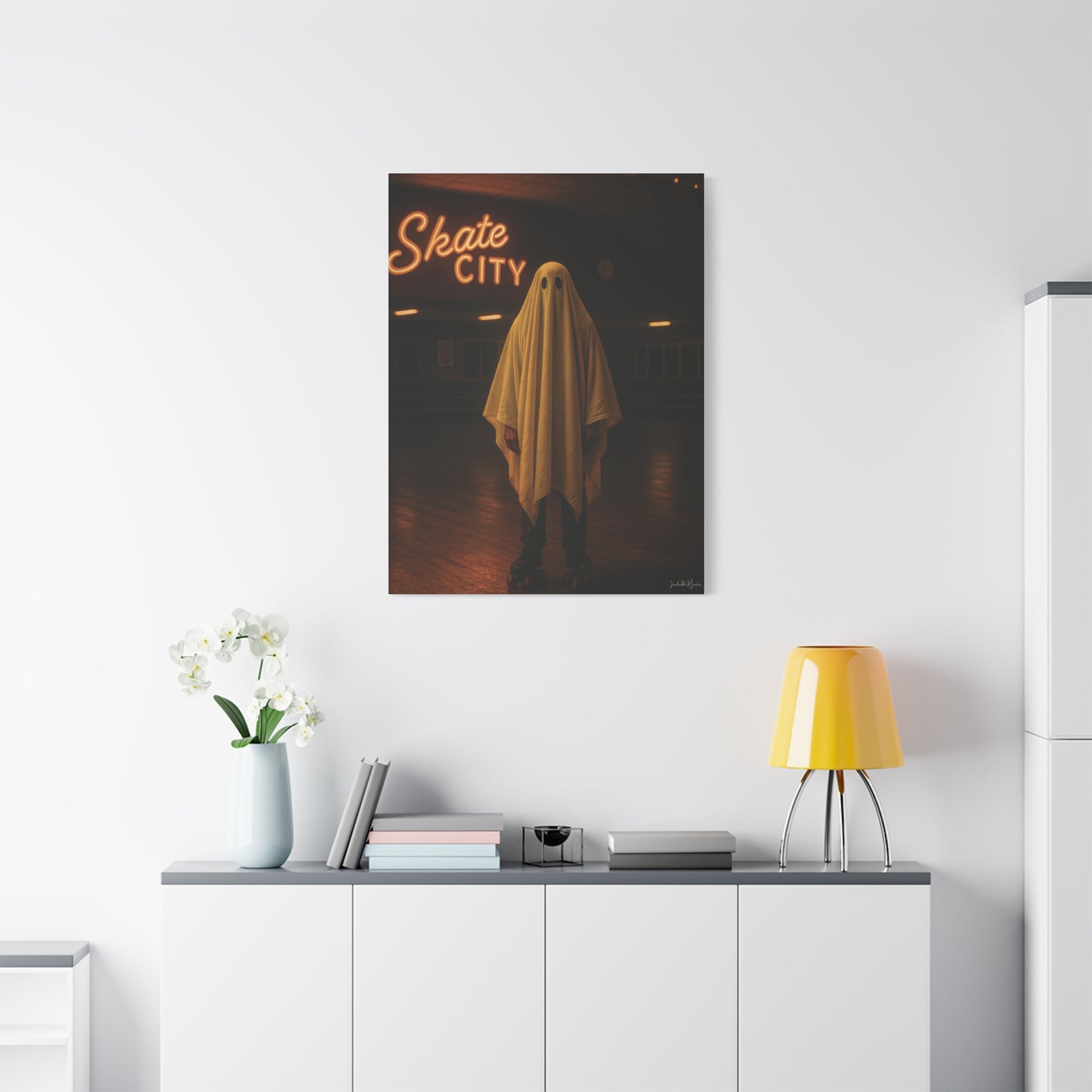 Ghost at the Roller Rink Canvas Wall Art – Retro 80s Nostalgic Halloween Decor