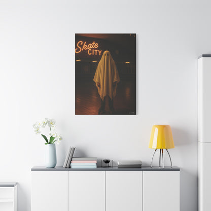 Ghost at the Roller Rink Canvas Wall Art – Retro 80s Nostalgic Halloween Decor
