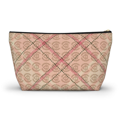 Elegant Plaid T-Bottom Accessory Pouch • Soft Pink Travel Bag with Boutique Monogram • Small or Large Sizes