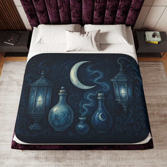 Witchy Winter Sherpa Blanket – Crescent Moon, Lanterns & Potion Bottles