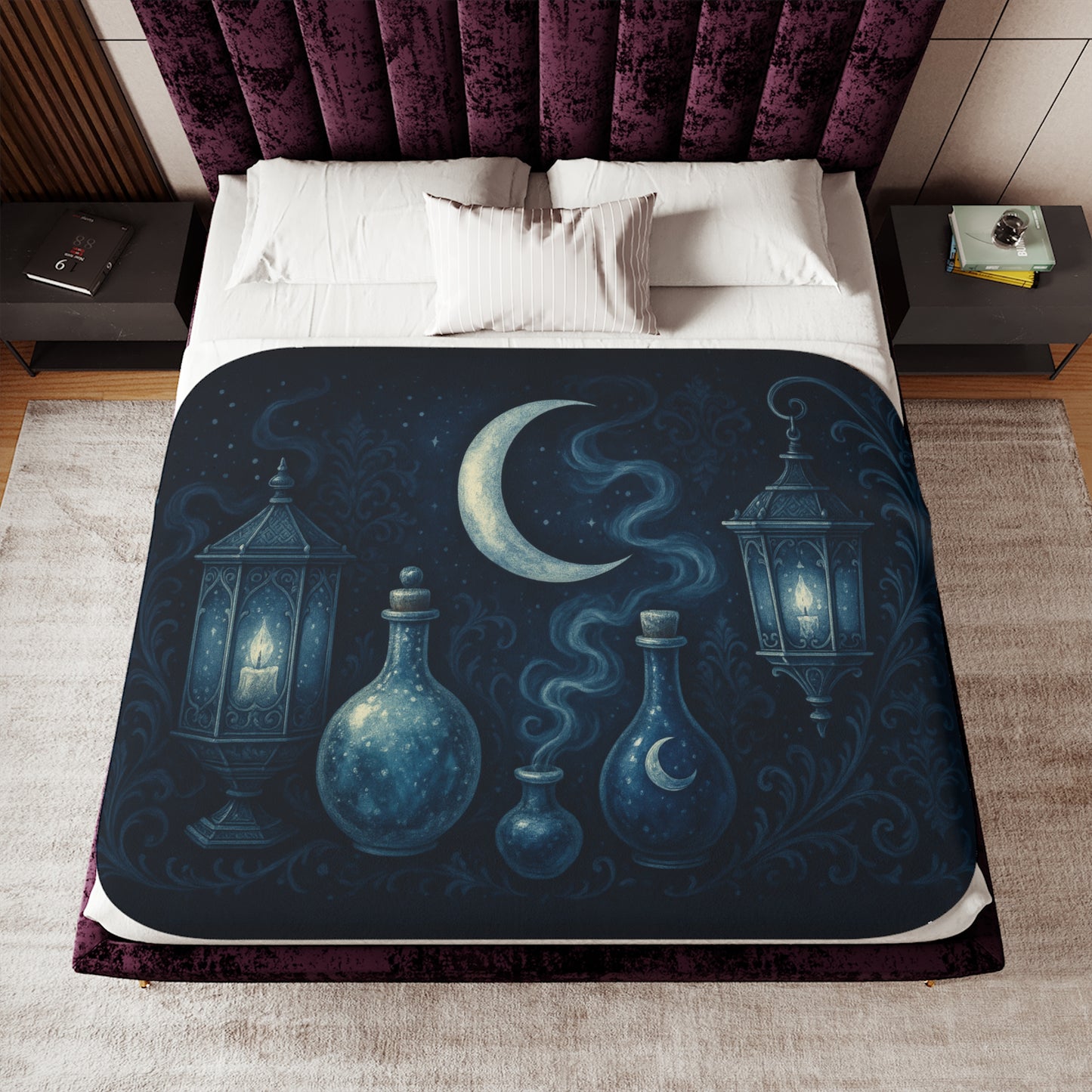 Witchy Winter Sherpa Blanket – Crescent Moon, Lanterns & Potion Bottles