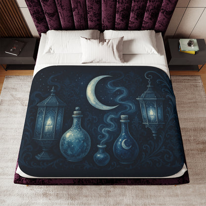 Witchy Winter Sherpa Blanket – Crescent Moon, Lanterns & Potion Bottles