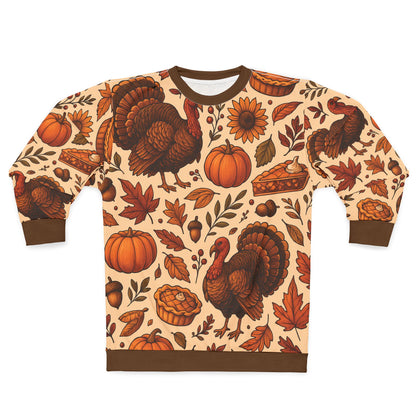 Thanksgiving Turkey Feast AOP Unisex Sweatshirt | Cozy Fall Sweater | Pumpkins, Pies & Autumn Leaves | Free Worldwide Shipping
