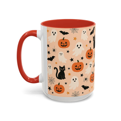 Halloween Color Accent Mug – Ghosts, Pumpkins & Black Cats, Fall Coffee Cup (11oz & 15oz) – Boutique Spooky Season Drinkware