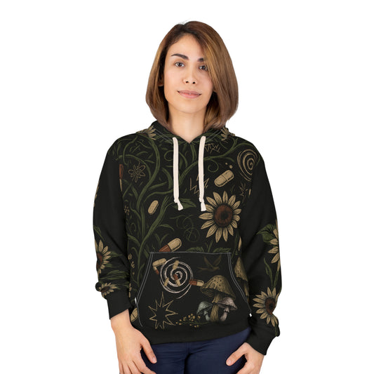 Dark, Hippie Floral AOP Unisex Pullover Hoodie – ADHD Aesthetic, Moody Boho Streetwear, Mental Health Awareness