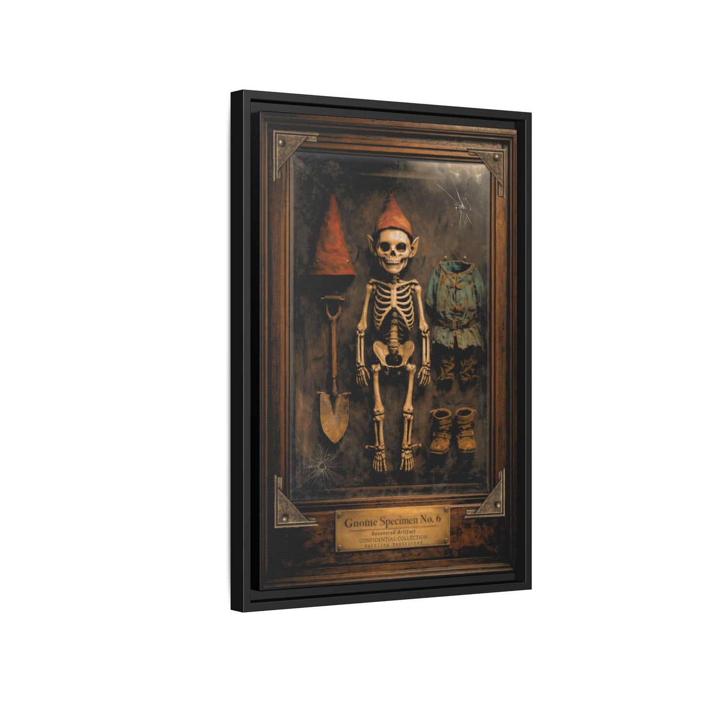 Gnome Specimen No. 6 Framed Canvas Print – Dark Curiosity Cabinet Wall Art, Gothic Skeleton Gnome Decor