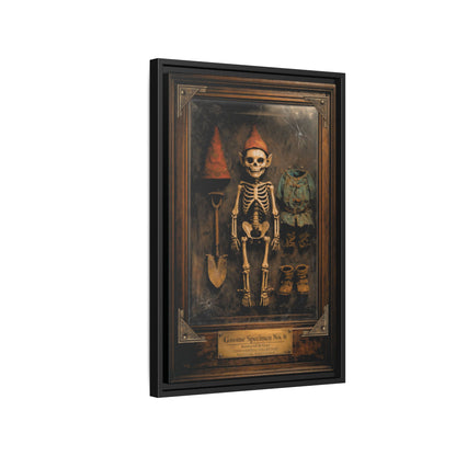 Gnome Specimen No. 6 Framed Canvas Print – Dark Curiosity Cabinet Wall Art, Gothic Skeleton Gnome Decor