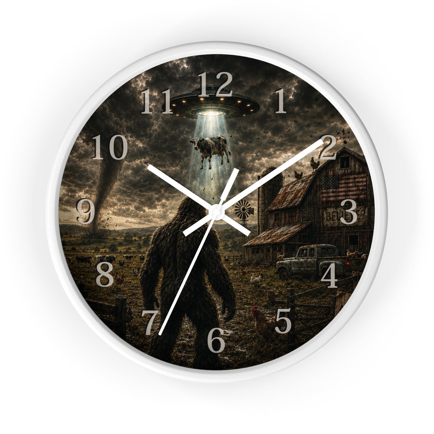 Bigfoot UFO Wall Clock – Sasquatch Alien Abduction Farm Art Clock