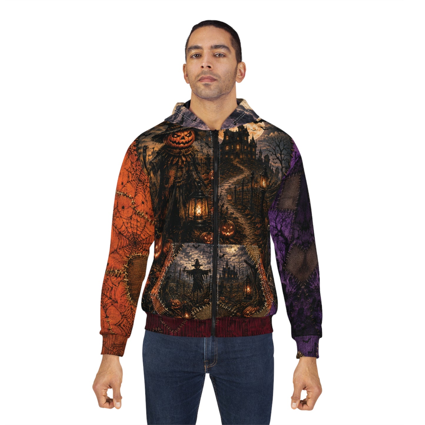 Gothic Halloween Zip Hoodie: Scarecrow Patchwork All Over Print, Unisex XS 2XL