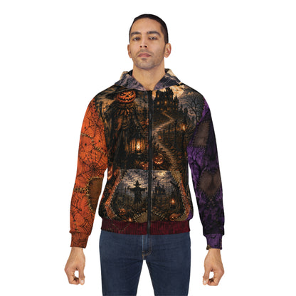 Gothic Halloween Zip Hoodie: Scarecrow Patchwork All Over Print, Unisex XS 2XL