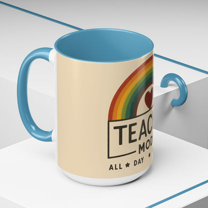 Teacher Mode – Color Accent Mug (11oz/15oz) • Rainbow Heart • Teacher Gift • Dishwasher & Microwave Safe