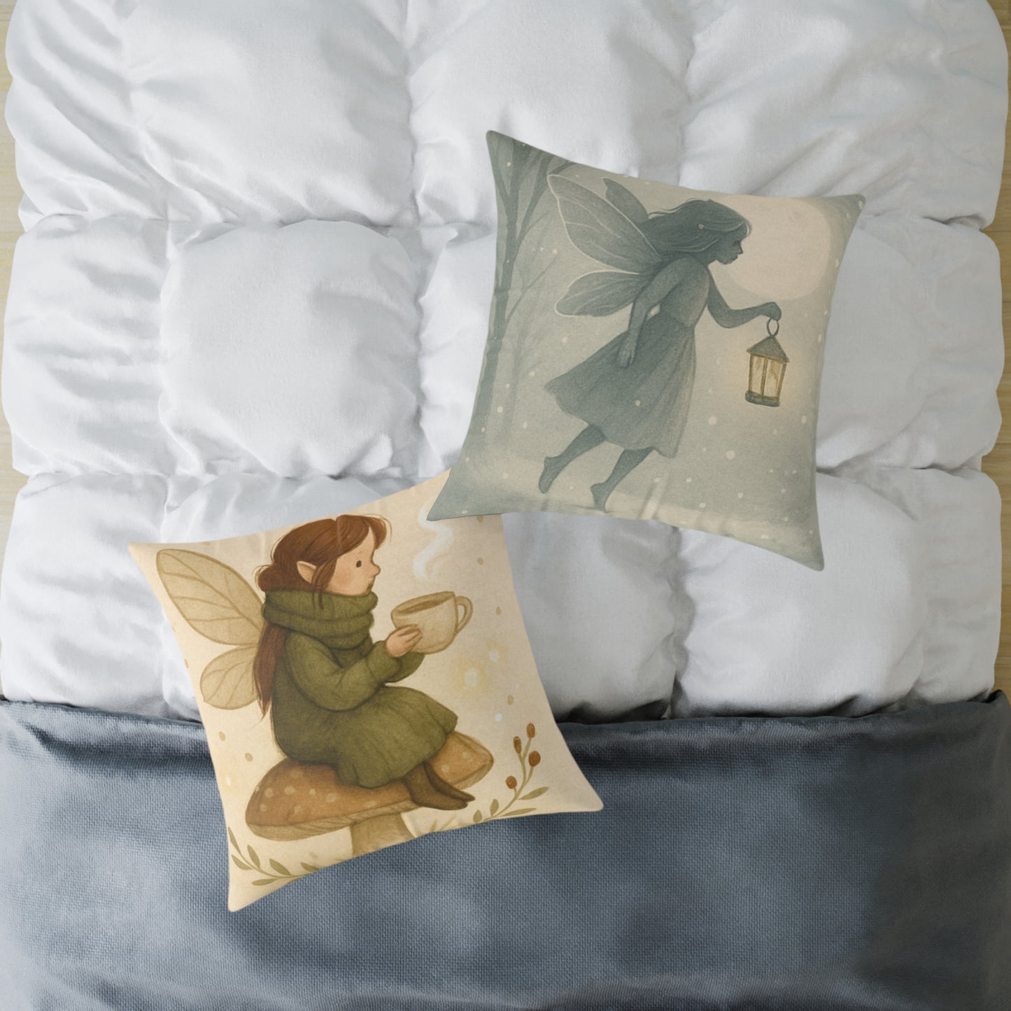 Cozy Winter Fairy Throw Pillow – Tea on a Toadstool & Lantern Fairy Canvas Cushion