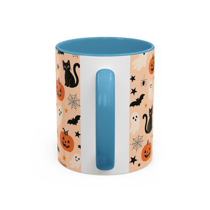Halloween Color Accent Mug – Ghosts, Pumpkins & Black Cats, Fall Coffee Cup (11oz & 15oz) – Boutique Spooky Season Drinkware