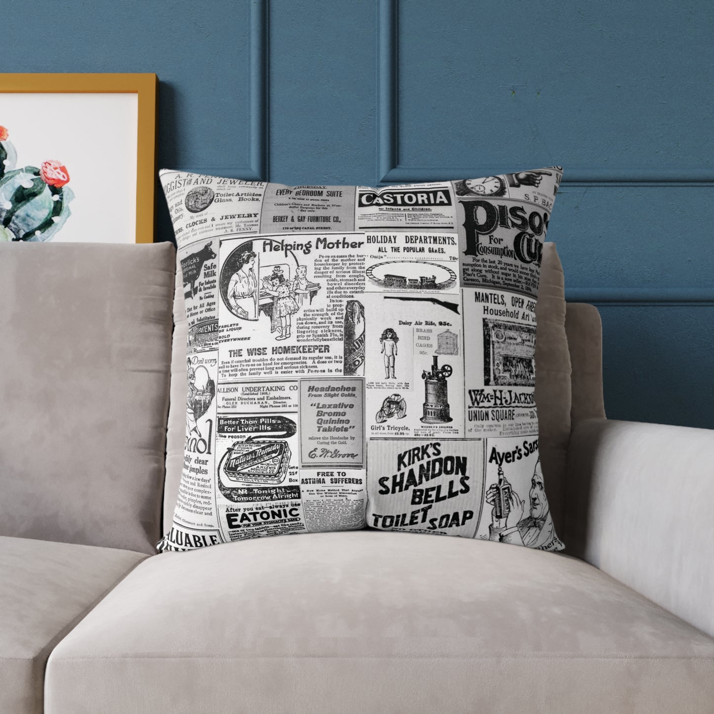Occult Americana – 1800s Vintage Newspaper Ads Collage Art - Canvas Throw Pillow Version 2