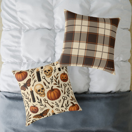 Gothic Halloween Throw Pillow – Colorway Poly Canvas – Reversible Plaid – Skulls, Moths & Black Candles – Premium Fall Decor