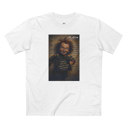Creepy Killer Doll Mugshot T-Shirt – Halloween Horror Tee, Boutique DTG Print, Premium Cotton Tee, 90s VHS Aesthetic