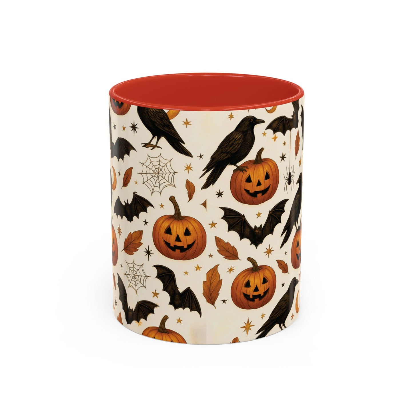 Halloween Raven & Pumpkin Color Accent Mug – Gothic Crow, Bats & Jack-o’-Lantern Coffee Cup (11oz & 15oz) – Spooky Autumn Drinkware