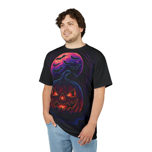 Neon Jack-o’-Lantern AOP Halloween T-Shirt – Glowing Pumpkin & Bats Extra Large Print Tee (All-Over Print)