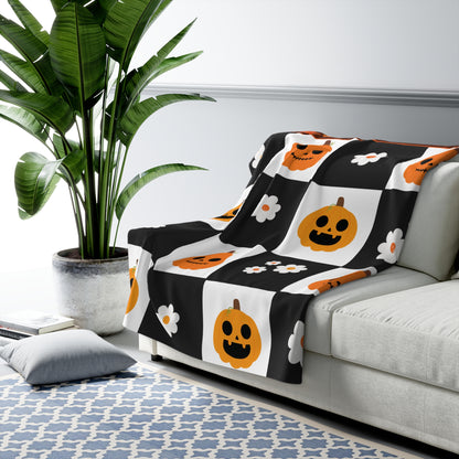 Pumpkin Patch Panic – Halloween Checkerboard Sherpa Fleece Blanket
