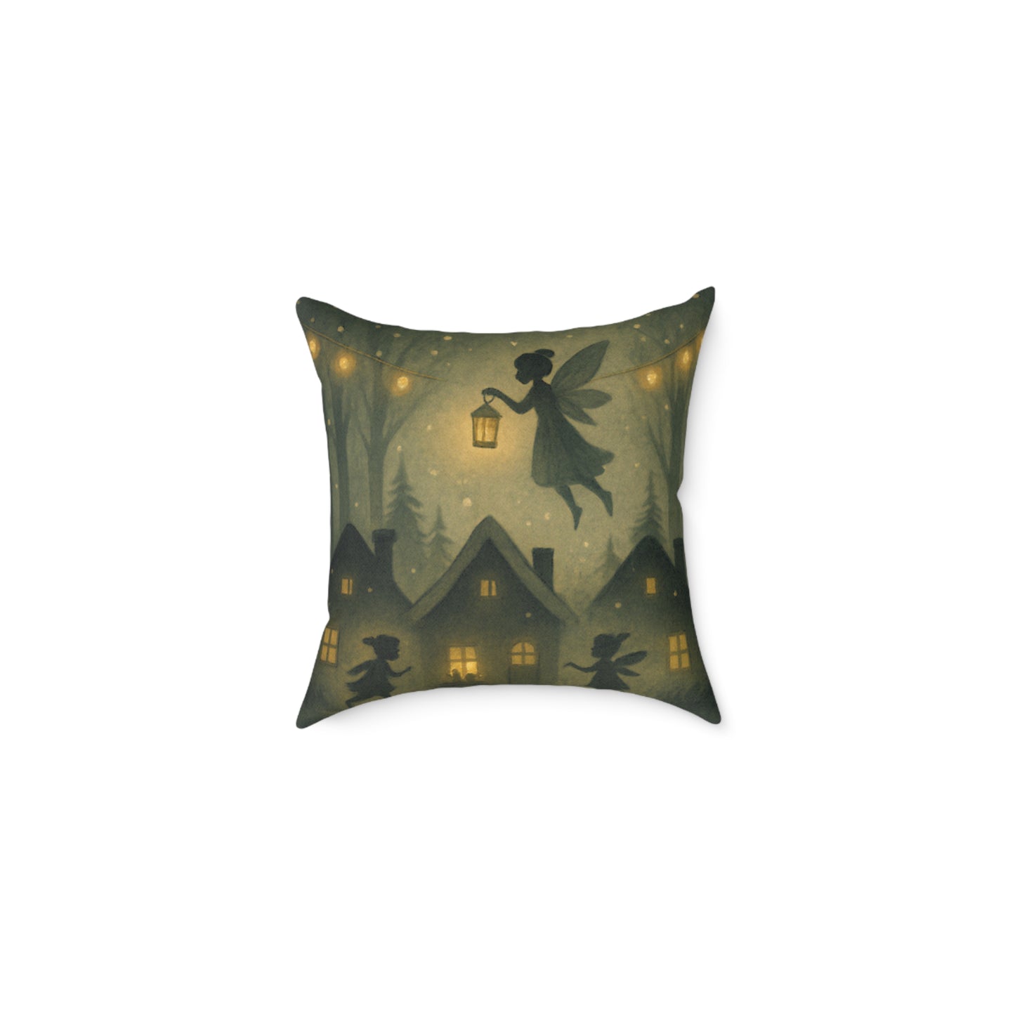 Winter Night Fairies Throw Pillow – Lantern Village Scene Dual-Sided Canvas Cushion