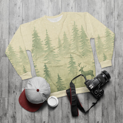 Nordic Woodlands All-Over Print Sweatshirt — Minimalist Winter Forest Scene (MMW Premium AOP Fleece)