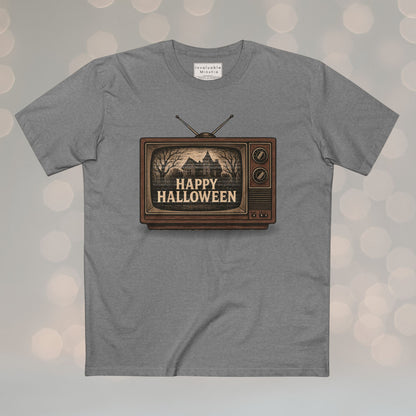 Retro TV Happy Halloween – Vintage Halloween T-Shirt | Illustrated Gothic Horror Tee | Premium AS Colour Unisex