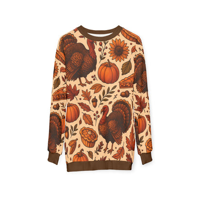 Thanksgiving Turkey Feast AOP Unisex Sweatshirt | Cozy Fall Sweater | Pumpkins, Pies & Autumn Leaves | Free Worldwide Shipping
