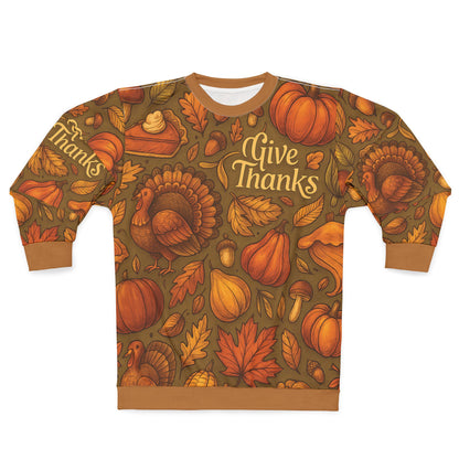 Give Thanks AOP Unisex Sweatshirt | Thanksgiving Pumpkins, Turkeys & Pie | Fall Gratitude Sweater | Free Worldwide Shipping