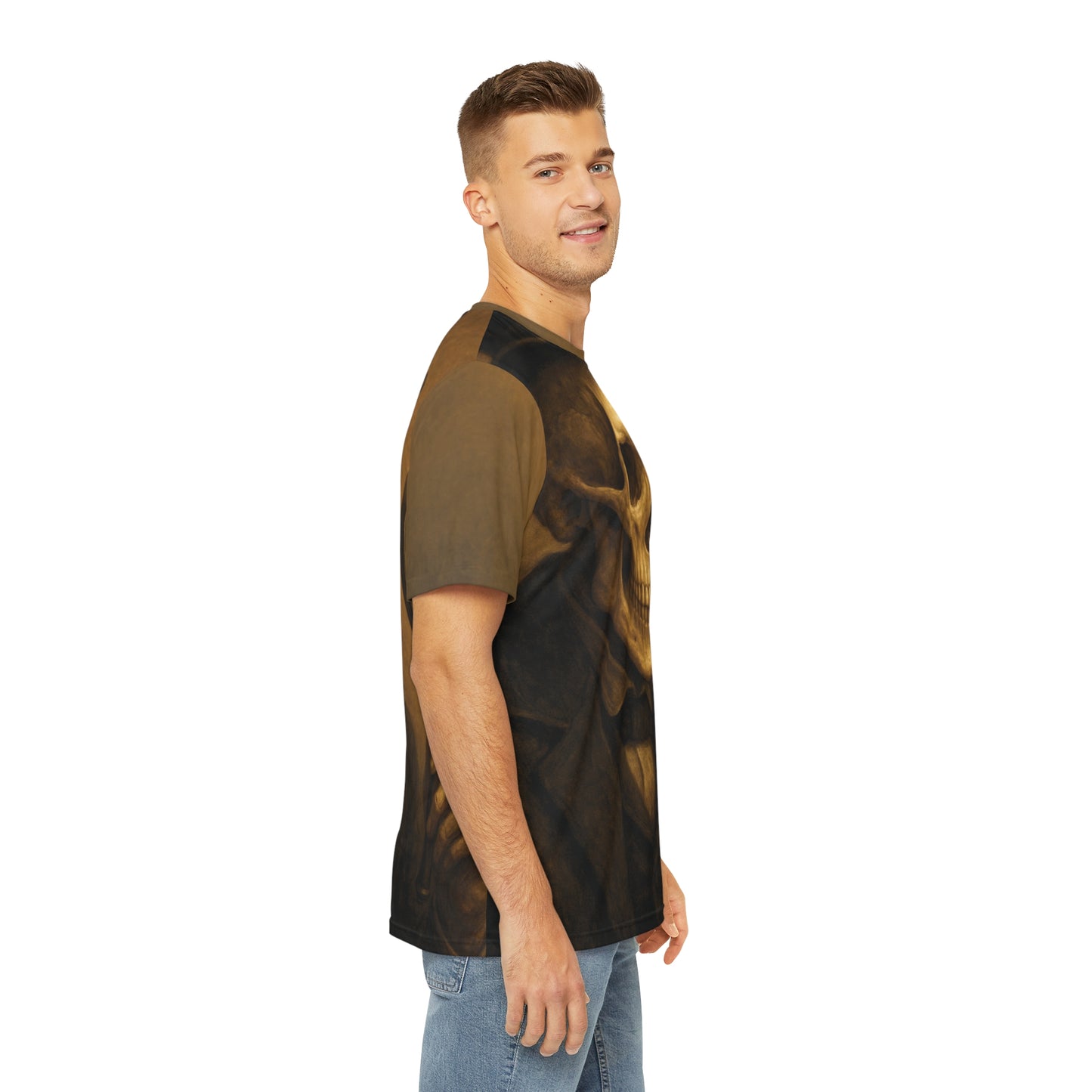 Skeleton Sleuth – Gothic AOP Unisex T-Shirt | Vintage Detective Skull Tee