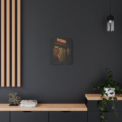 Retro Video Rental Ghost – VHS Nostalgia Matte Stretched Canvas Wall Art | 90s Spooky Decor