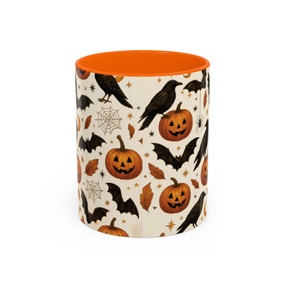 Halloween Raven & Pumpkin Color Accent Mug – Gothic Crow, Bats & Jack-o’-Lantern Coffee Cup (11oz & 15oz) – Spooky Autumn Drinkware