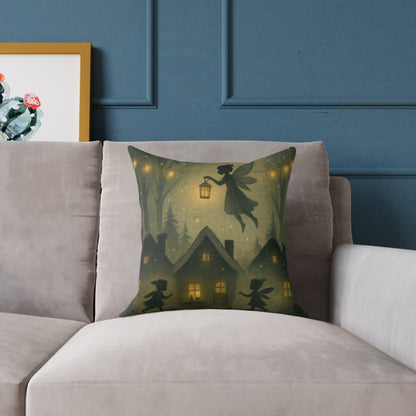 Winter Night Fairies Throw Pillow – Lantern Village Scene Dual-Sided Canvas Cushion