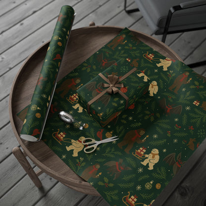 Cryptid Christmas Parade – Luxury Holiday Wrapping Paper, Folk-Art Bigfoot & Mothman Gift Wrap, 30" Roll (Matte/Gloss)