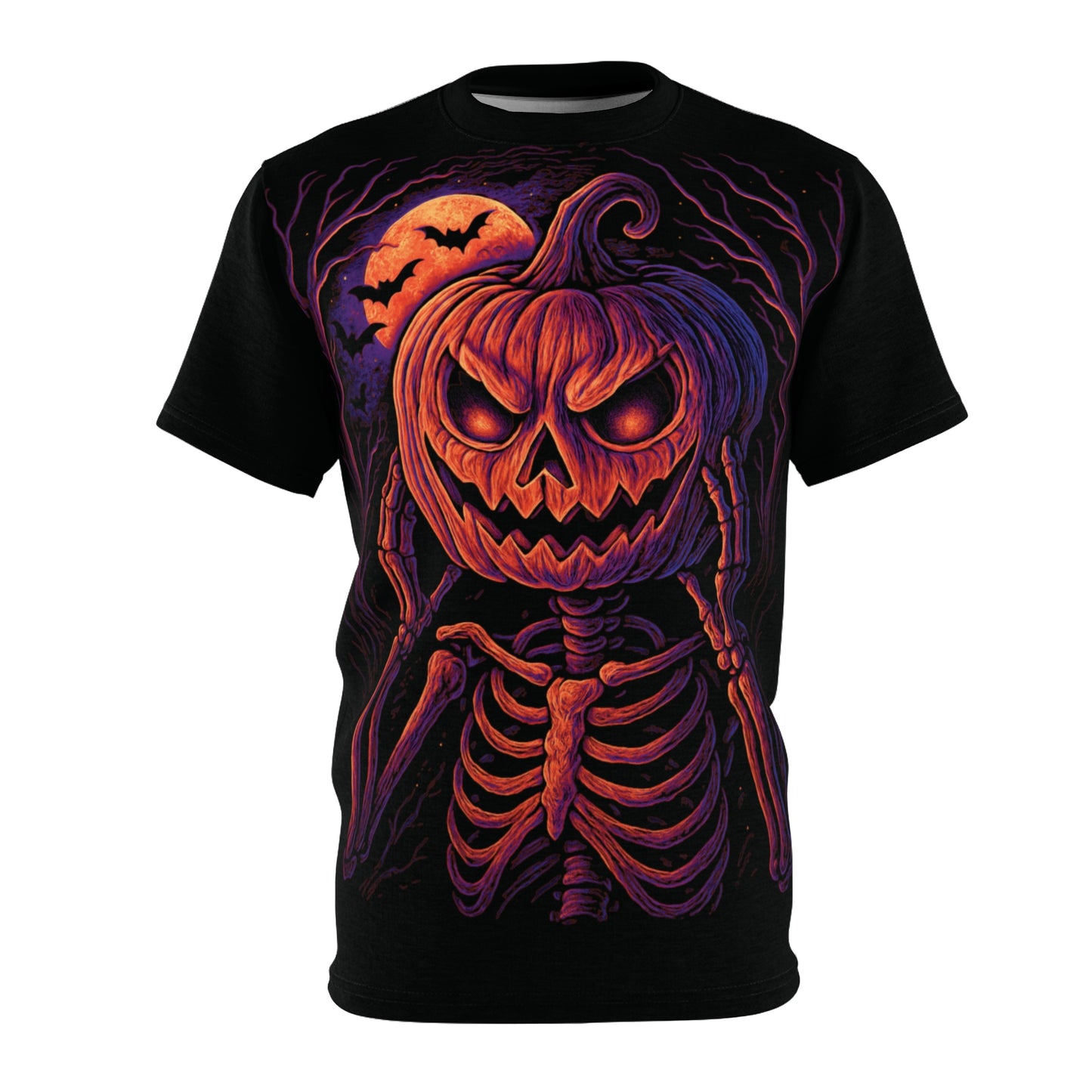 Skeleton Pumpkin Head AOP Halloween T-Shirt – Neon Spooky Jack-o’-Lantern Extra Large Print Tee (All-Over Print)