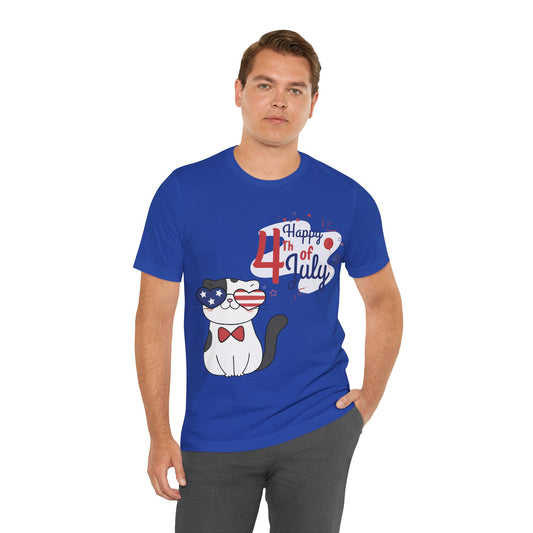 Patriotic Party Cat Tee – Happy 4th of July – Unisex Bella+Canvas Jersey Tee - 4th of July Tee
