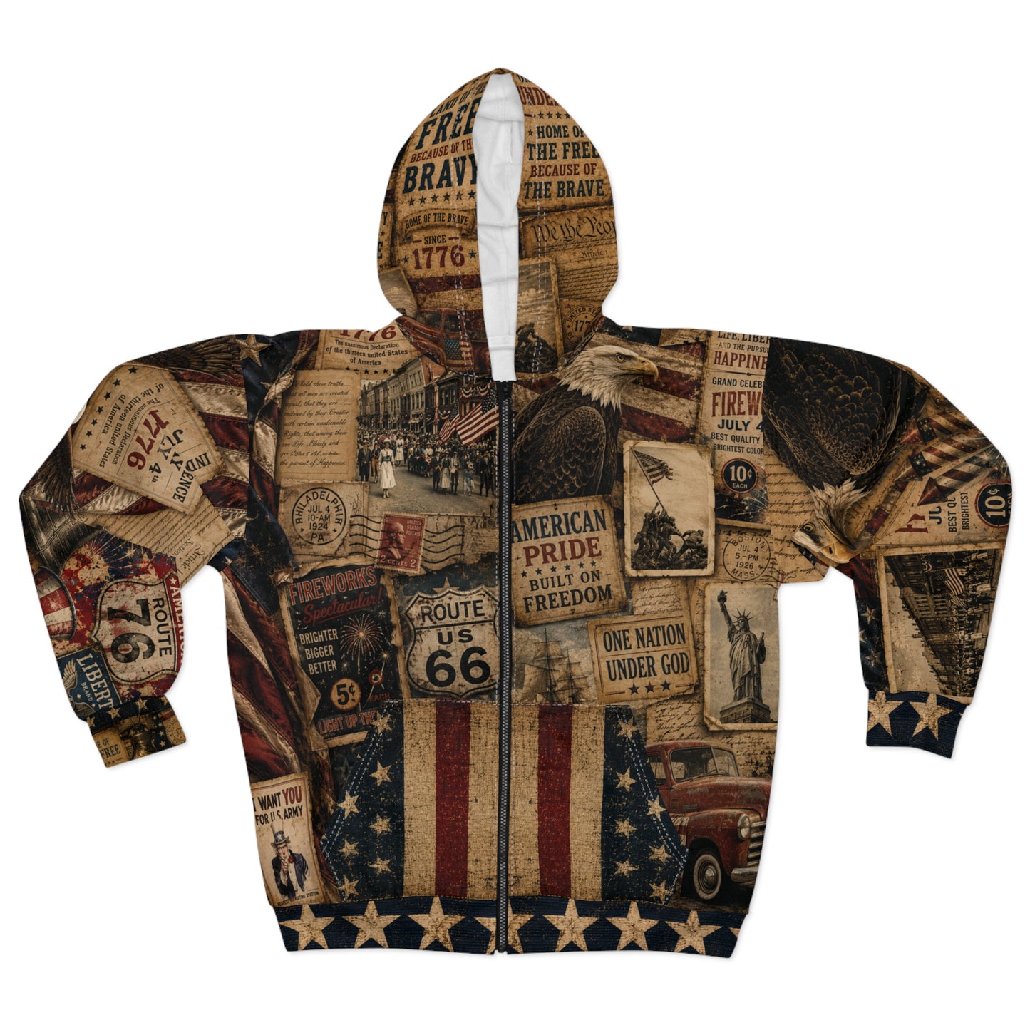 Americana Vintage Patriotic Collage Zip Up Hoodie