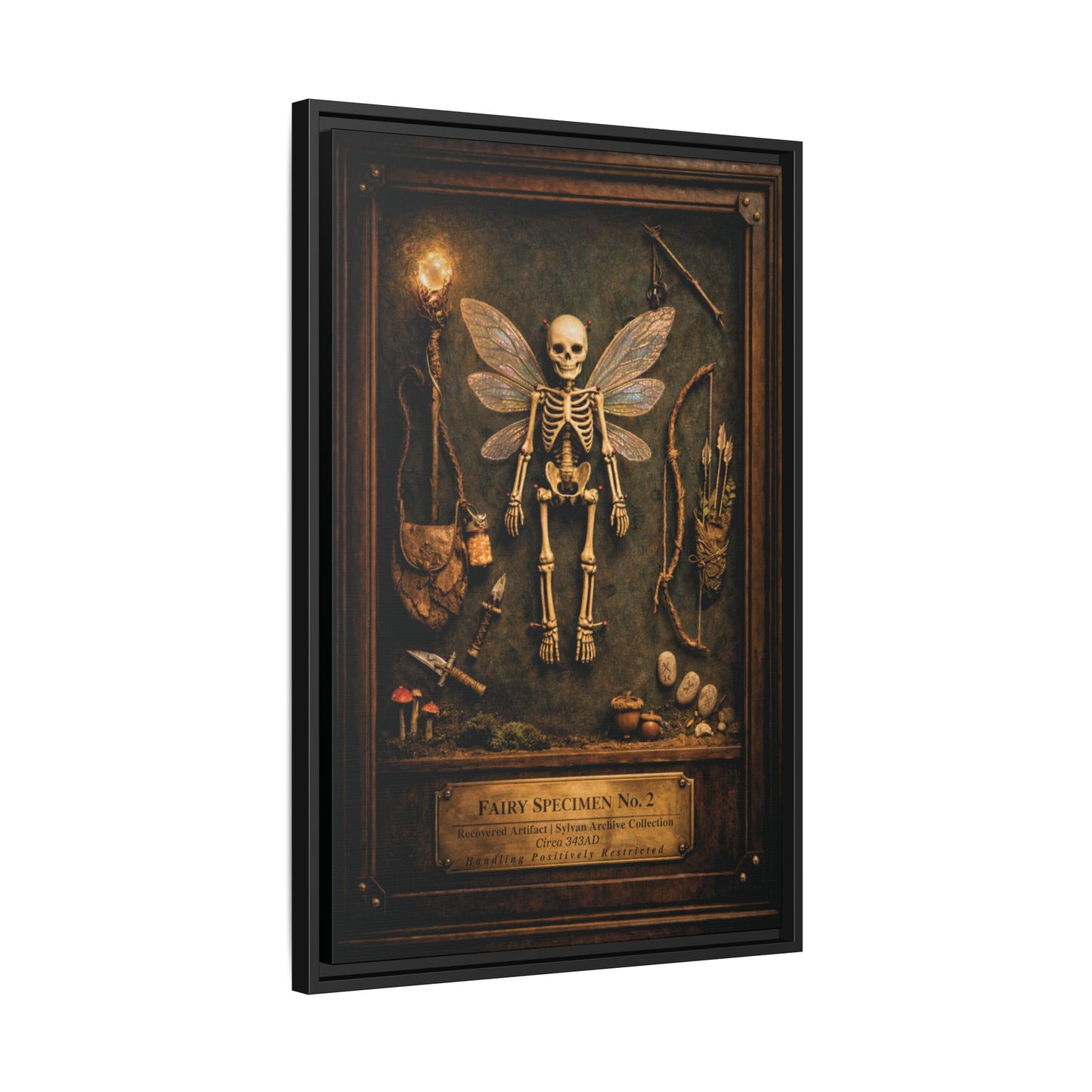 Fairy Specimen No. 2 Framed Canvas Print – Skeletal Fairy Wall Art, Dark Curiosity Cabinet Decor