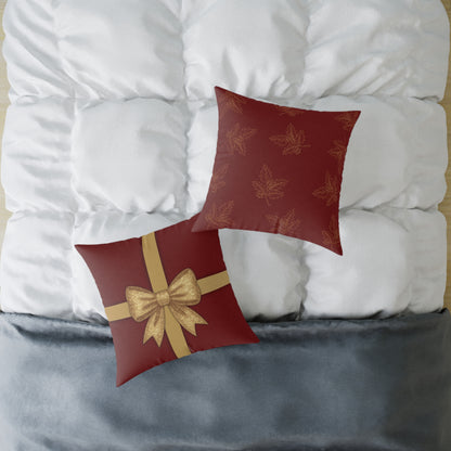 Red & Gold Gift Box Throw Pillow – Holiday Present Canvas Cushion with Holly Back