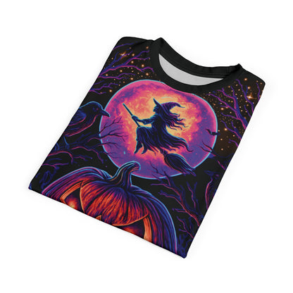 Neon Halloween AOP T-Shirt – Spooky Season Jack-o’-Lantern & Witch Design (All-Over Print)
