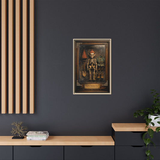 Gnome Specimen No. 6 Framed Canvas Print – Dark Curiosity Cabinet Wall Art, Gothic Skeleton Gnome Decor